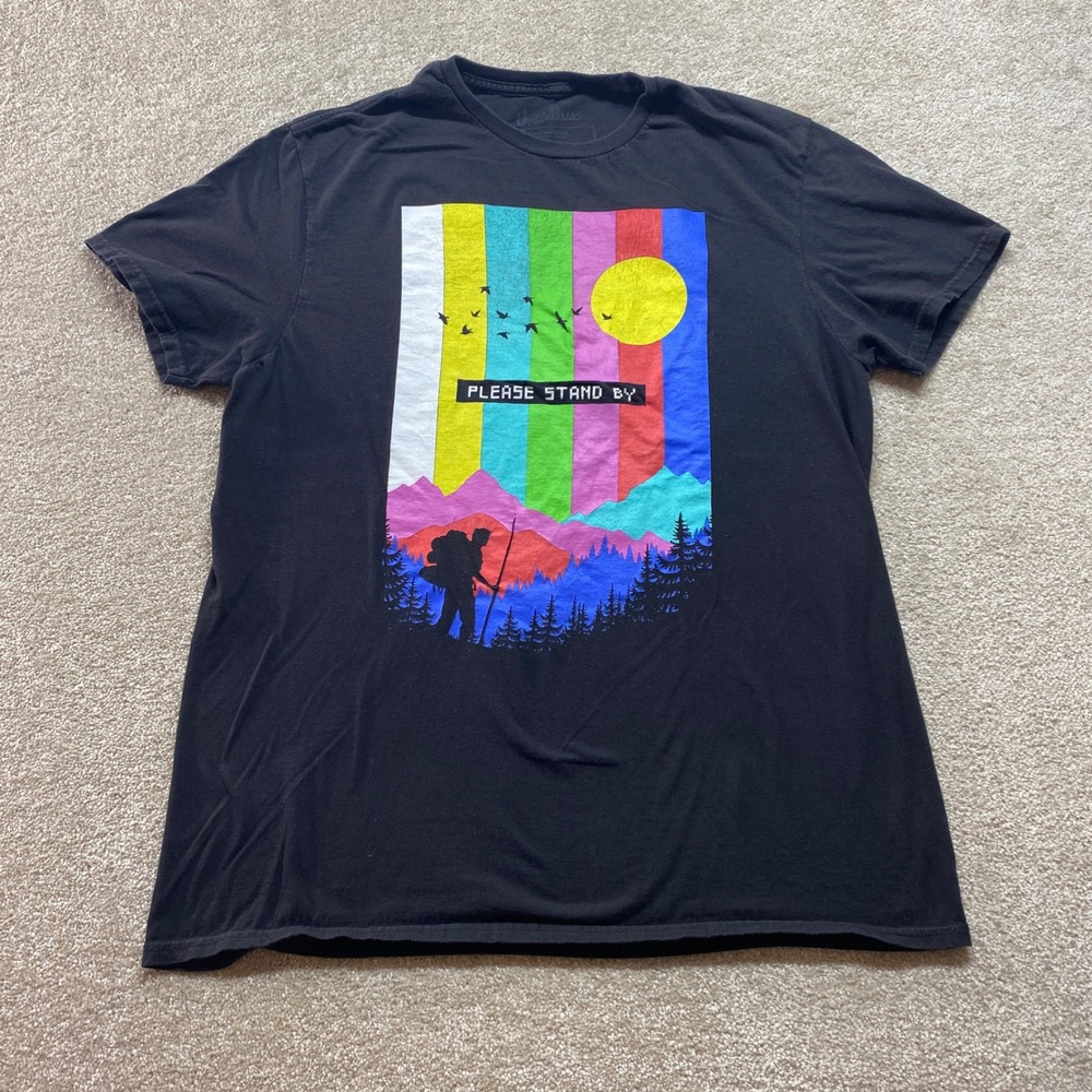 Threadless Shirt Mens Large Black Please Stand By‎ Hiking Mountain Vintage TV